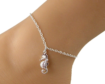 Sterling Silver Chain Seahorse Anklet, Sea Creature Anklet, Silver Chain Anklet