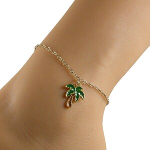 Gold Palm Tree Anklet: Enamel Charm, 14k Gold Filled Chain, Vacation Ankle Bracelet