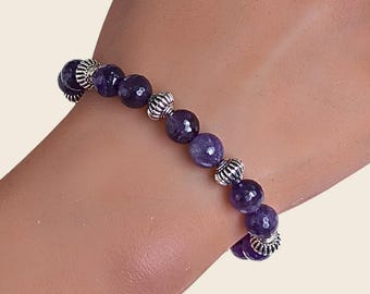 Amethyst Bracelet, Purple Gemstone Jewelry, Silver Bead Bracelet, February Birthstone Gift