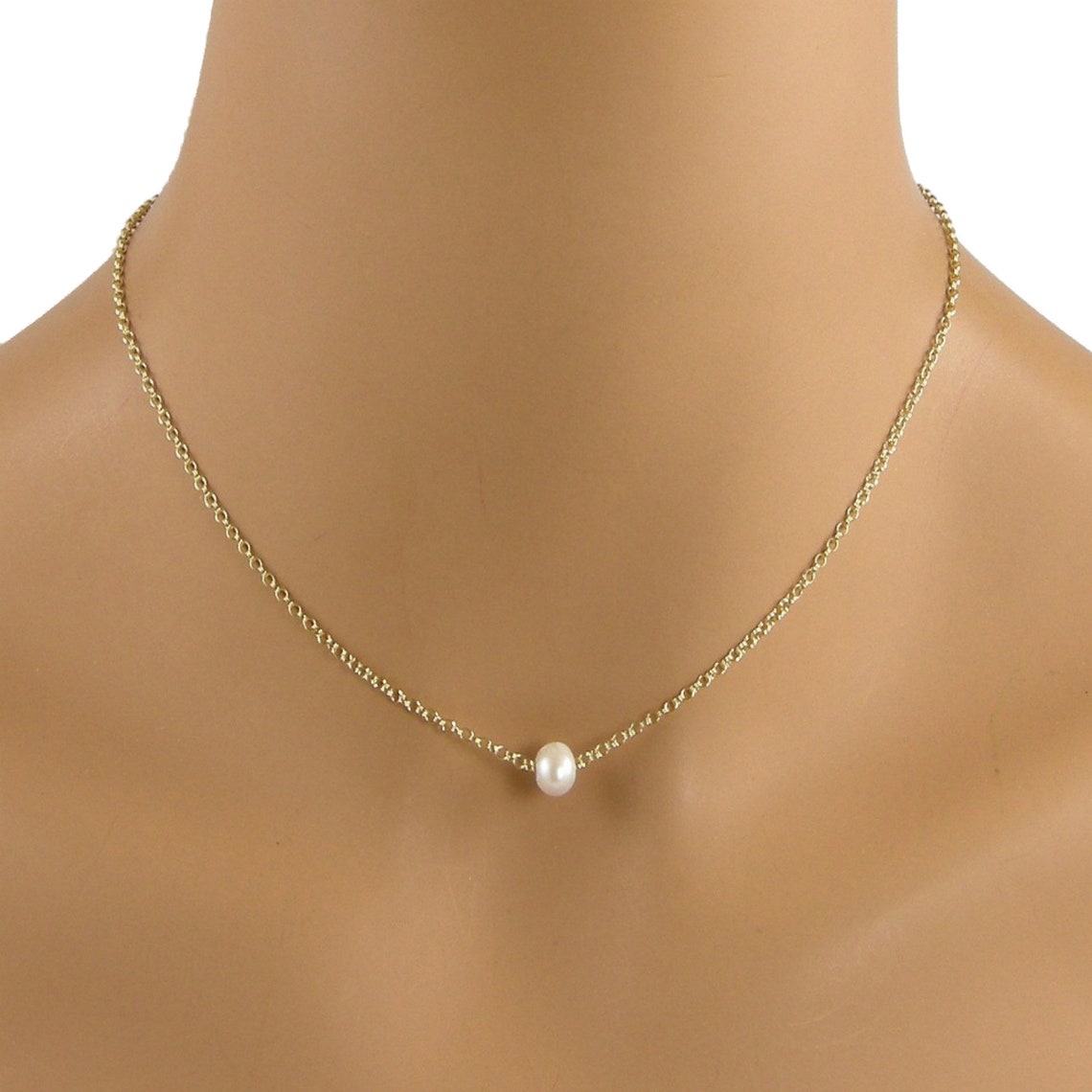 Single Small White Pearl Gold Floating Pearl Necklace Etsy