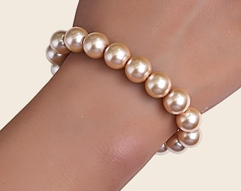 Champagne Pearl Bracelet 10mm Faux Pearls Sterling Silver Clasp