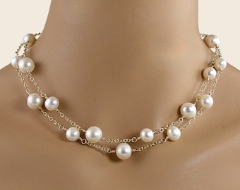 Long Pearl Station Necklace: 14k Gold Filled, Statement Necklace