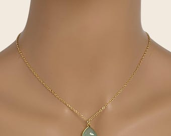 Aqua Blue Chalcedony Bezel Necklace, Vermeil Teardrop Pendant with 14k Gold Filled Chain