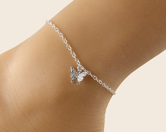 Sterling Silver Crystal Butterfly Anklet, Meaningful Gift for Her