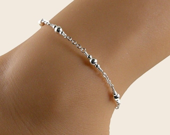 Sterling Silver Bead Anklet, Delicate Minimalist Ankle Bracelet Gift for Her