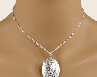 Large Sterling Silver Oval Photo Locket, Keepsake Necklace