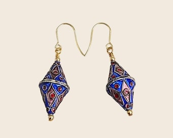 Cloisonné Geometric Earrings Blue Red Diamond Brass Dangles, 14k Gold Filled Earring Hooks