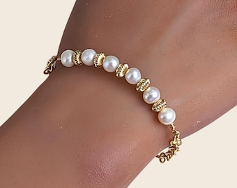 Freshwater Pearl Bracelet 14k Gold Filled Beads Textured Chain