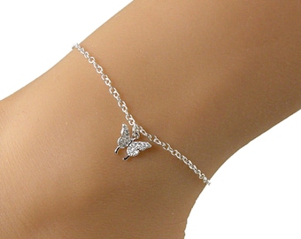 Silver Butterfly Anklet, Dainty Butterfly Anklet, Silver Crystal Butterfly Anklet, Gift for Her, Dainty Silver Anklet