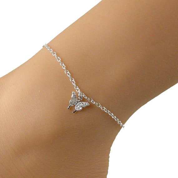 Silver Butterfly Anklet Dainty Butterfly Anklet Silver Crystal