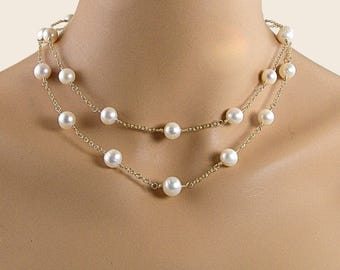 Long 10mm Pearl Station Necklace, 14k Gold Filled Layering Necklace Gift for Her