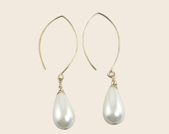 White Teardrop Pearl Earrings, 14K Gold Filled Bridal Gift for Her