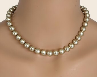 Taupe Pearl Necklace, Beige Faux Pearl Strand, Sterling Silver Classic Jewelry Gift