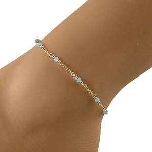 Blue Chalcedony Anklet, Blue Bead Gold Chain Anklet, Gift for Her