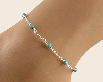 Turquoise Gemstone Anklet, Sterling Silver Ankle Bracelet Gift for Her