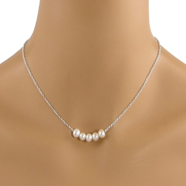Five Pearl Sterling Silver Necklace, Floating Pearl Necklace