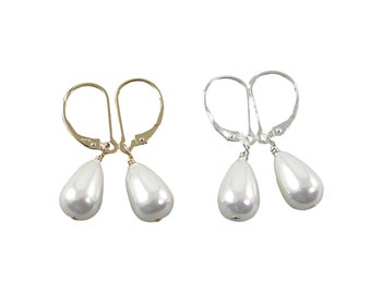 Dainty Classic White Teardrop Pearl Earrings, Gold and Silver Small Teardrop Pearl Earrings