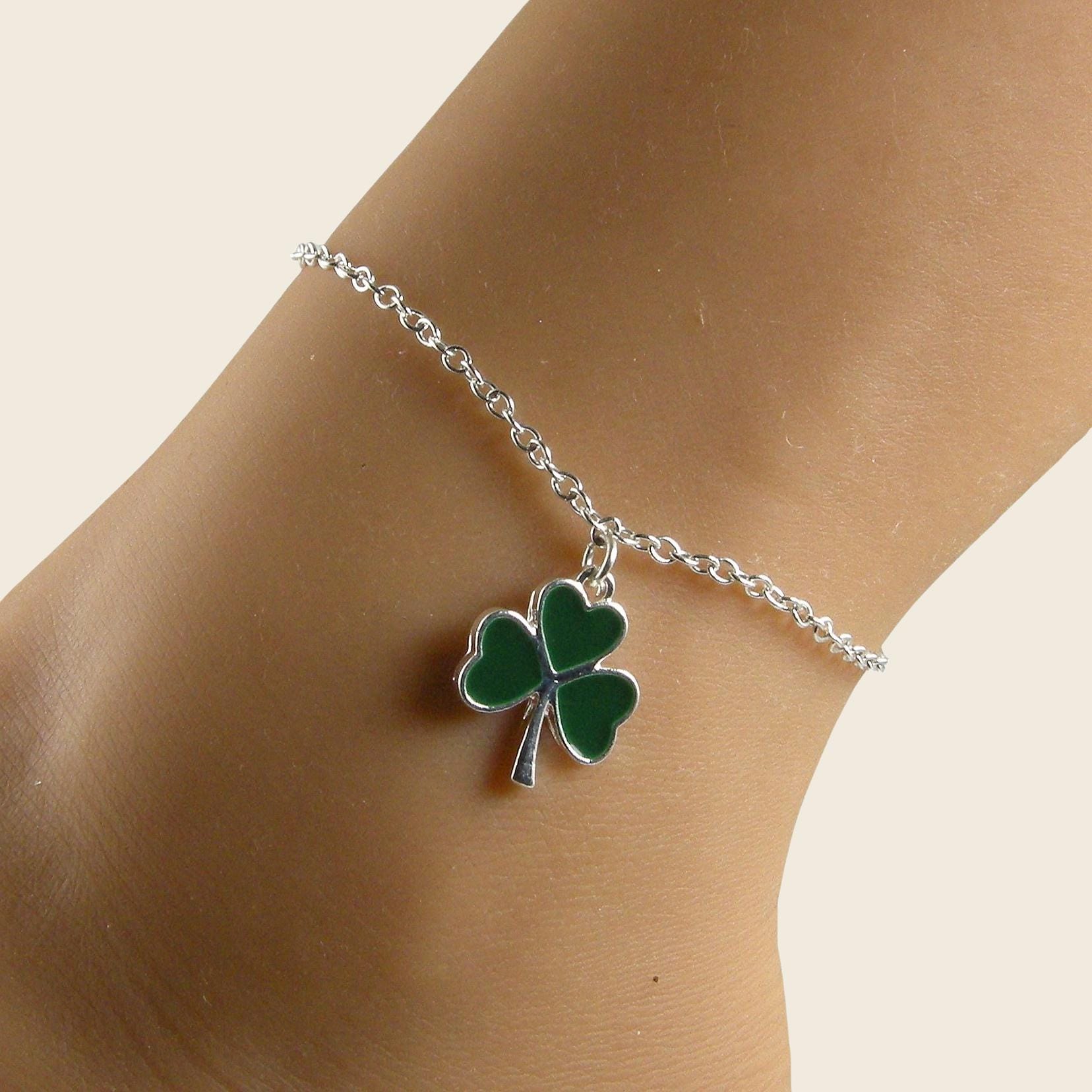 Sterling Silver Shamrock Anklet, Lucky Irish Charm Gift for Her