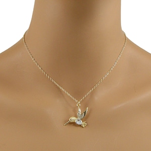 Gold Cubic Zirconia Hummingbird Necklace, Gold Hummingbird Necklace, Gold Bird Necklace