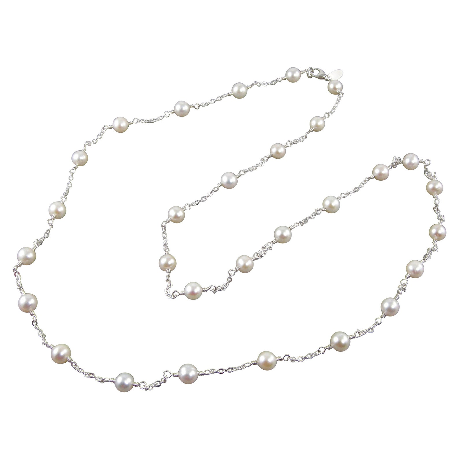 Long Tin Cup Necklace, White Pearl Sterling Silver Necklace, White