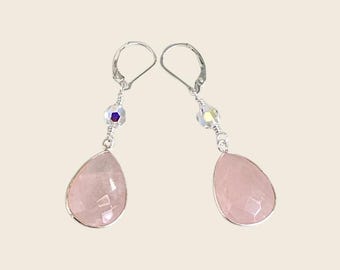 Rose Quartz Earrings Swarovski Crystal Sterling Silver Teardrop Dangles