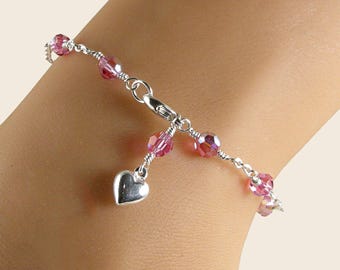 Pink Swarovski Crystal Anklet, Sterling Silver Gift for Her