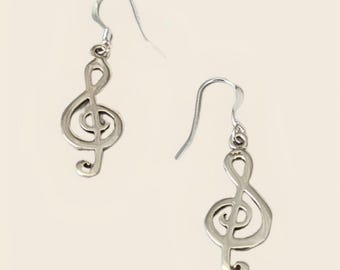 Treble Clef Earrings, Silver Music Jewelry, Musician and Music Teacher Gift