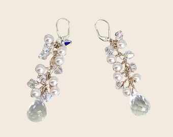 Swarovski Crystal Pearl Cluster Earrings, Clear Briolette Teardrops, Sterling Silver Lever Backs