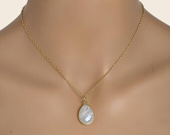 Moonstone Teardrop Necklace, Vermeil Bezel Pendant with 14k Gold Filled Chain