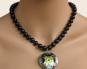 Dark Blue Iolite Necklace with Colorful Cloisonné Pendant, 14k Gold Filled