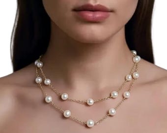 ロングパールステーションネックレス：14Kゴールドフィルドチェーン、ステートメントネックレス