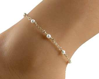 White Pearl Gold Chain Ankle Bracelet, Pearl and Gold Chain Anklet, Gold Anklets for Women