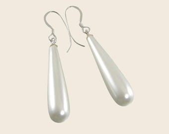 Elongated Teardrop Pearl Earrings, Sterling Silver Dangle Earrings, Elegant Gift for Her
