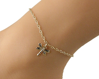 Gold Chain Dragonfly Anklet, Gold Anklet, Dragonfly Ankle Bracelet, Gold Anklets for Women