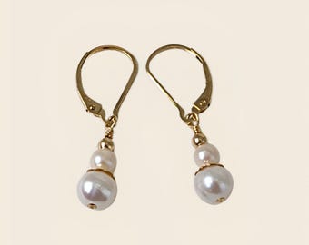 Dainty Freshwater Pearl Earrings, 14k Gold Filled Lever Back Earrings, Gift for Her