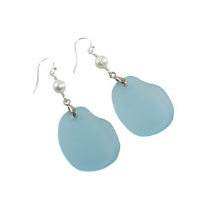 Blue Sea Glass Earrings: Sterling Silver, Freshwater Pearl Dangle Earrings