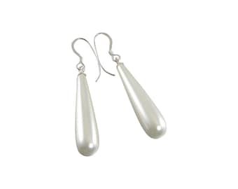 Elongated White Teardrop Pearl Earrings, Pearl Earrings, Gift for Her, Teardrop Earrings