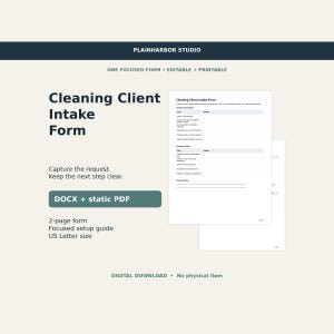 Formularz przyjęcia klienta do firmy sprzątającej | Edytowalny plik DOCX i drukowalny plik PDF | Szczegóły nieruchomości i dalsze działania w związku z nowymi prośbami