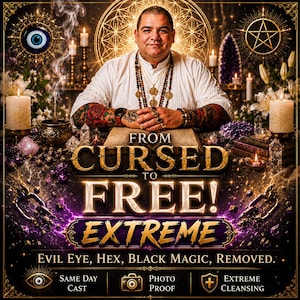 May include: A person in a white shirt with tattoos on their arms sits behind a table with candles, crystals, and incense. The text reads: FROM CURSED TO FREE! EXTREME EVIL EYE, HEX, BLACK MAGIC, REMOVED. SAME DAY CAST, PHOTO PROOF, EXTREME CLEANSING.