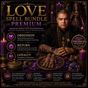 May include: A digital advertisement for a Love Spell Bundle featuring text, a person with tattoos and necklaces, two small burlap dolls on a gold plate, purple candles, and crystals. The graphic includes sections for Obsession, Return, and Loyalty.