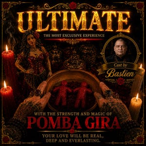 Puede incluir: Un gráfico promocional oscuro con el texto ULTIMATE THE MOST EXCLUSIVE EXPERIENCE, una figura femenina con vestido rojo, un retrato circular de un hombre etiquetado como Cast by Bastien y dos muñecos rojos en un cuenco con el texto POMBA GIRA.