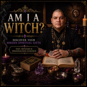 May include: A person with tattoos wearing multiple gold necklaces and rings sits behind a table with an open book, tarot cards, amethyst crystals, and lit candles. The text reads AM I A WITCH? DISCOVER YOUR HIDDEN SPIRITUAL GIFTS FAST, DETAILED & PERSONALIZED GUIDANCE.