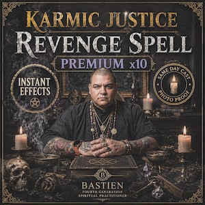 Może przedstawiać: Grafika cyfrowa z tekstem Karmic Justice Revenge Spell Premium x10, Instant Effects oraz Same Day Cast Photo Proof. Wytatuowana osoba w naszyjnikach siedzi przy stole z czaszką, świecami i księgą z pentagramem na okładce.