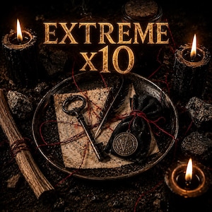 May include: A dark scene featuring a metal plate holding a vintage skeleton key, a black feather quill, a small black pouch with a circular metal seal, and a piece of parchment with text. The text EXTREME x10 is visible. Three black candles are lit.