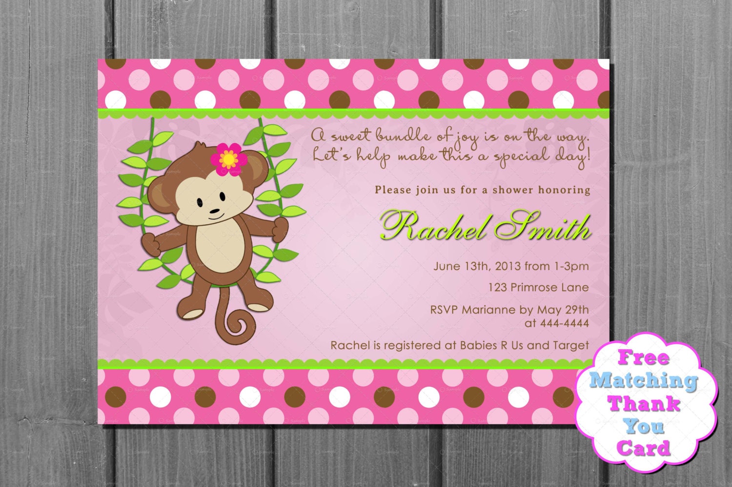 Pink And Brown Monkey Baby Shower Invitations 2