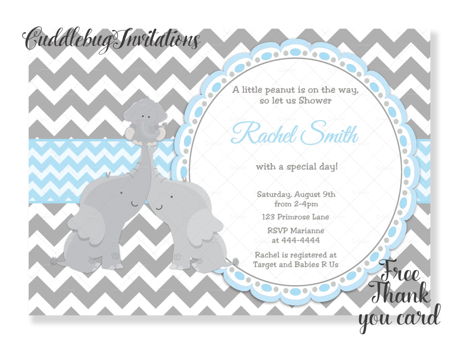 Blue Elephant Boy Baby Shower Invitation Zoom