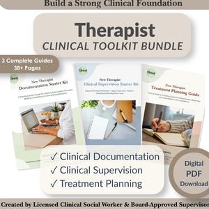 May include: A digital Therapist Clinical Toolkit Bundle featuring three guides: New Therapist Documentation Starter Kit, New Therapist Clinical Supervision Starter Kit, and New Therapist Treatment Planning Guide. Includes 38+ pages in PDF format.