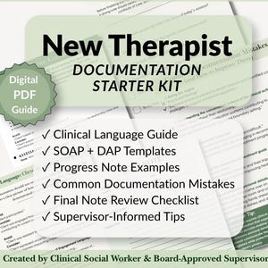 Op de afbeelding: Een digitale PDF-gids getiteld New Therapist Documentation Starter Kit. Het bevat een gids voor klinische taal, SOAP- en DAP-sjablonen, voorbeelden van voortgangsnotities, veelvoorkomende documentatiefouten, een checklist en tips van supervisoren.