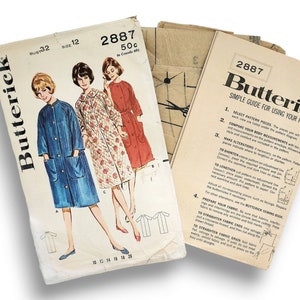 May include: Vintage Butterick sewing pattern packet, size 12, featuring illustrations of women's coats. The packet includes a simple guide for using the pattern. The cover shows a blue, floral, and red coat design.