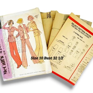 May include: Vintage McCall's 4147 sewing pattern for a Misses' unlined shirt-jacket and pants. The pattern includes multiple pattern pieces and instructions. Size 10, bust 32 1/2 inches. The cover features illustrations of the finished garments.